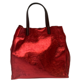 Stella - Leather  Metallic Handbag with Pouch - Red